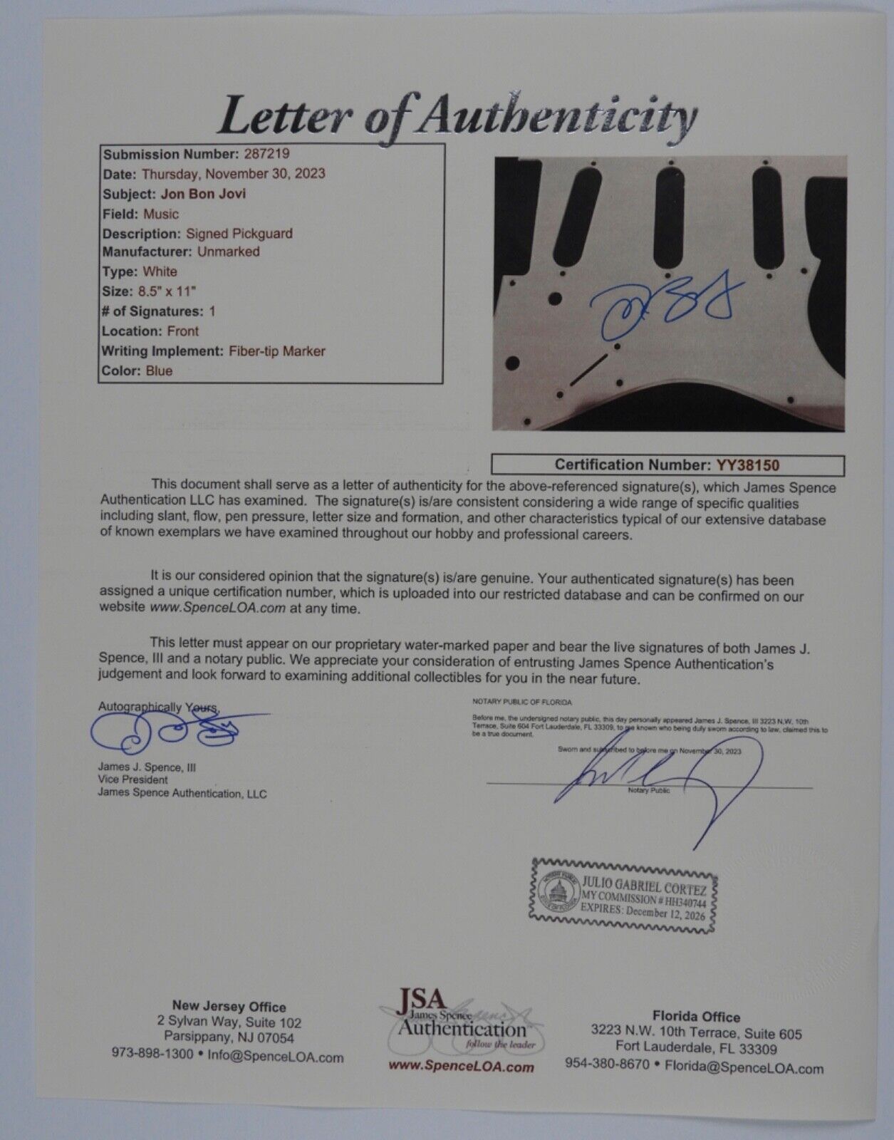 Jon Bon Jovi JSA Autograph Signed Guitar Guard Strat Kickplate Stratocaster
