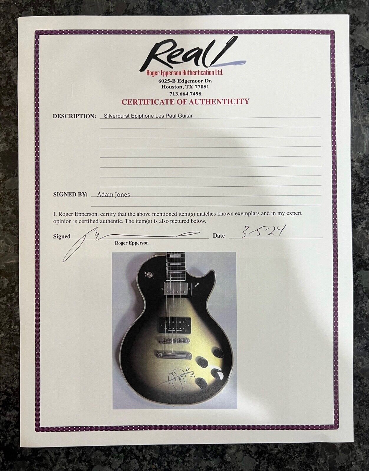 Adam Jones TOOL Signed REAL Epiphone Les Paul Julie Heffernan Guitar Epperson