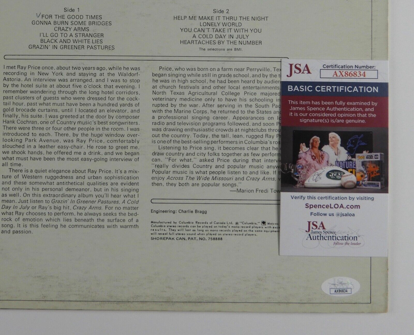 Ray Price JSA Signed Autograph Record Album Vinyl For The Good Times