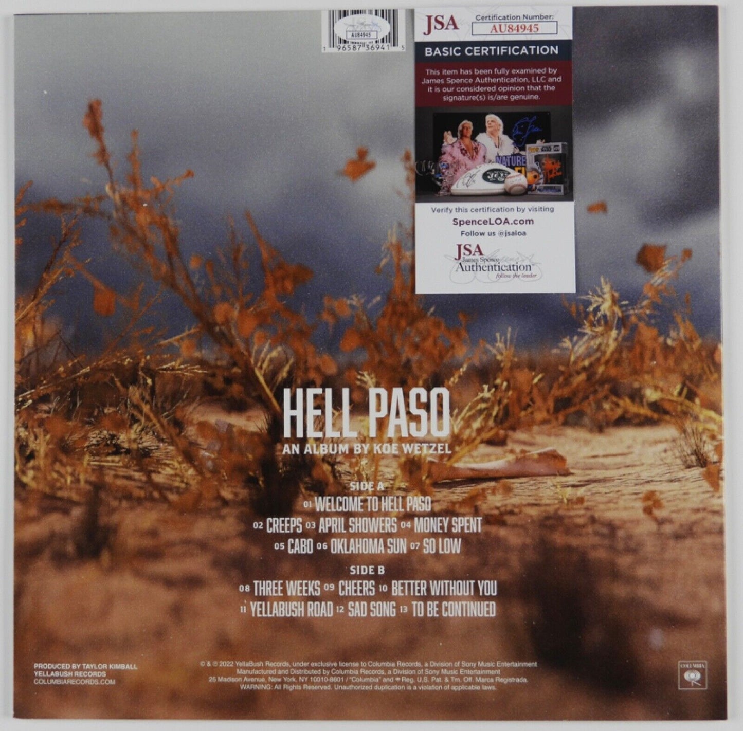 Koe Wetzel JSA Signed Autograph Album Record Vinyl Hell Paso