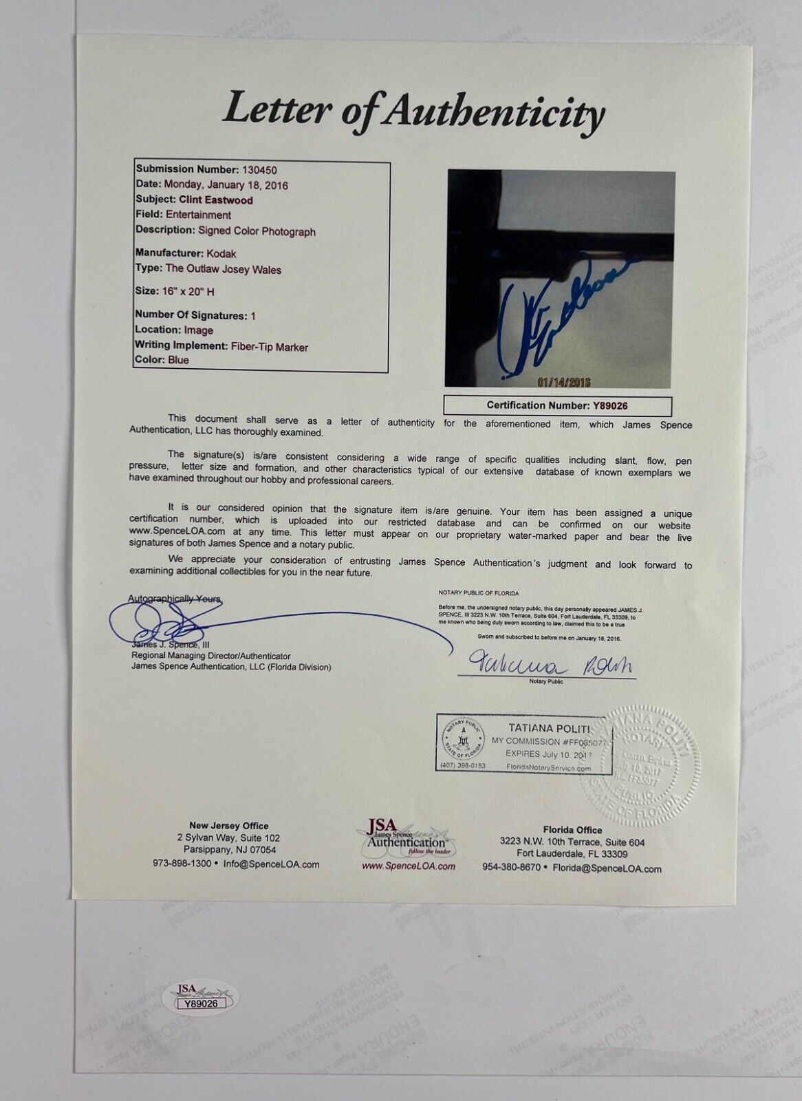 Clint Eastwood JSA Signed Autograph 16 x 20 Photo The Outlaw Josey Wales