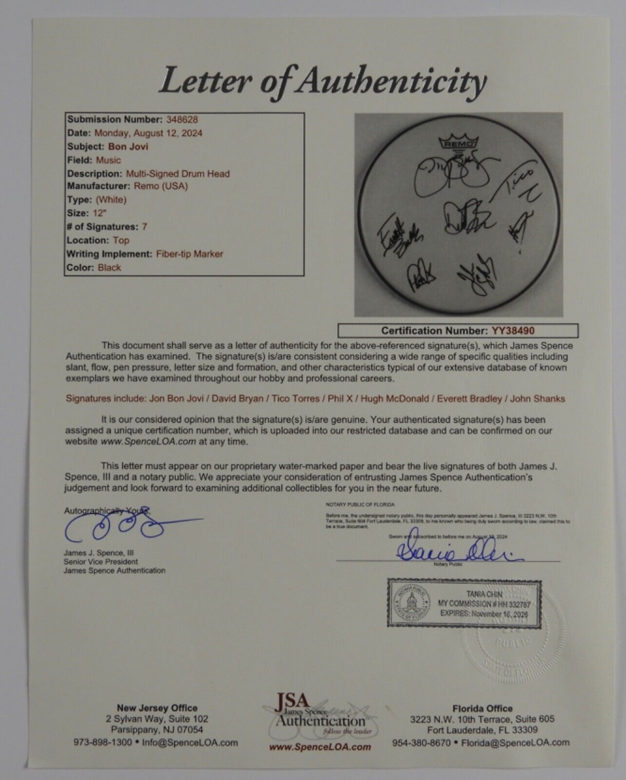 Bon Jovi Fully Signed JSA Autograph Drum Head Jon Bon Jovi