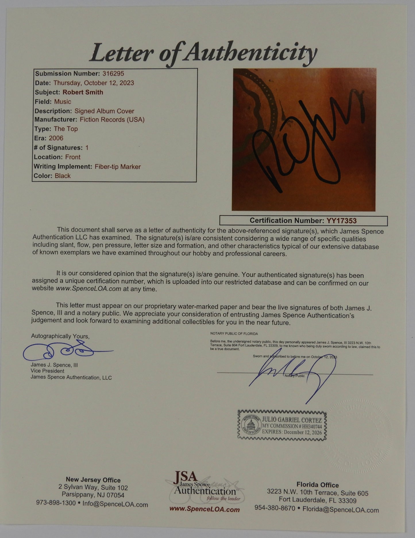 The Cure JSA Robert Smith Signed Autograph Album Record The Top