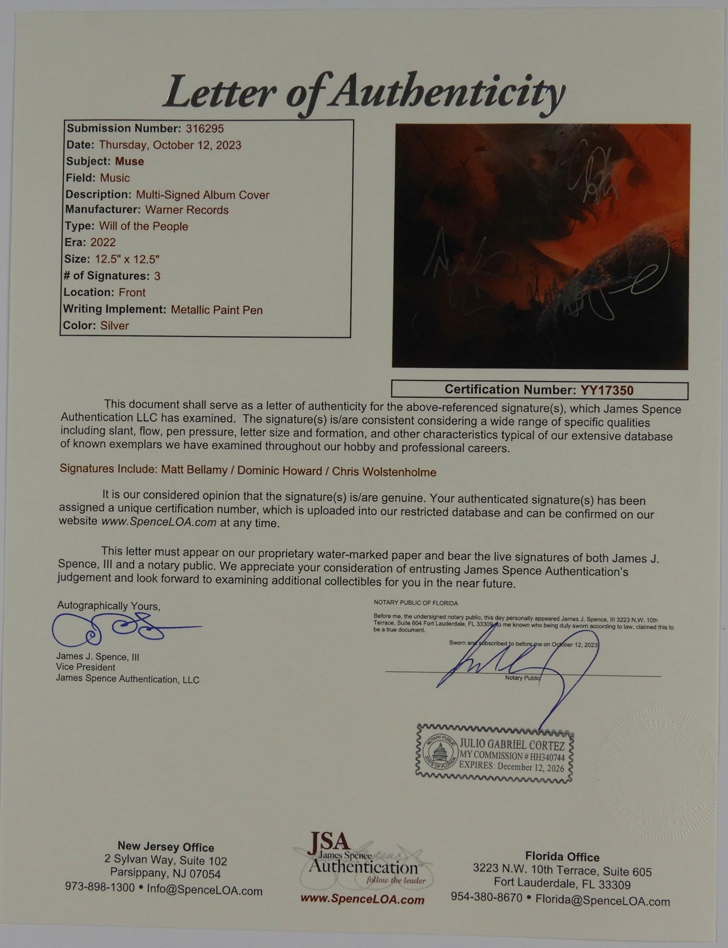 MUSE JSA Fully Group Signed Autograph Record Vinyl Album Will of the People