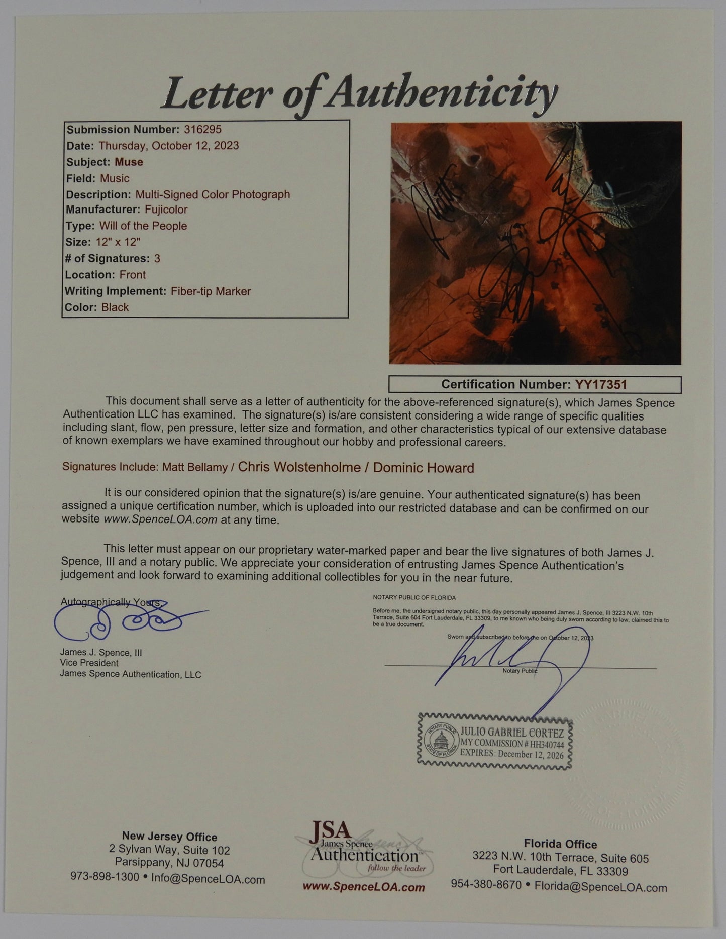 MUSE JSA Fully Group Signed Autograph 12" x 12" Photo