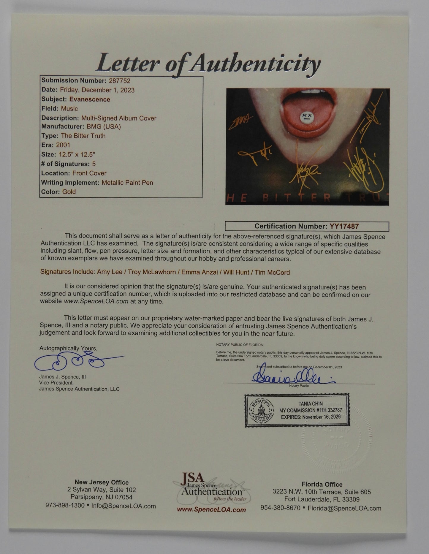 Amy Lee Evanescence JSA Band Signed Autograph Album Vinyl The Bitter Truth