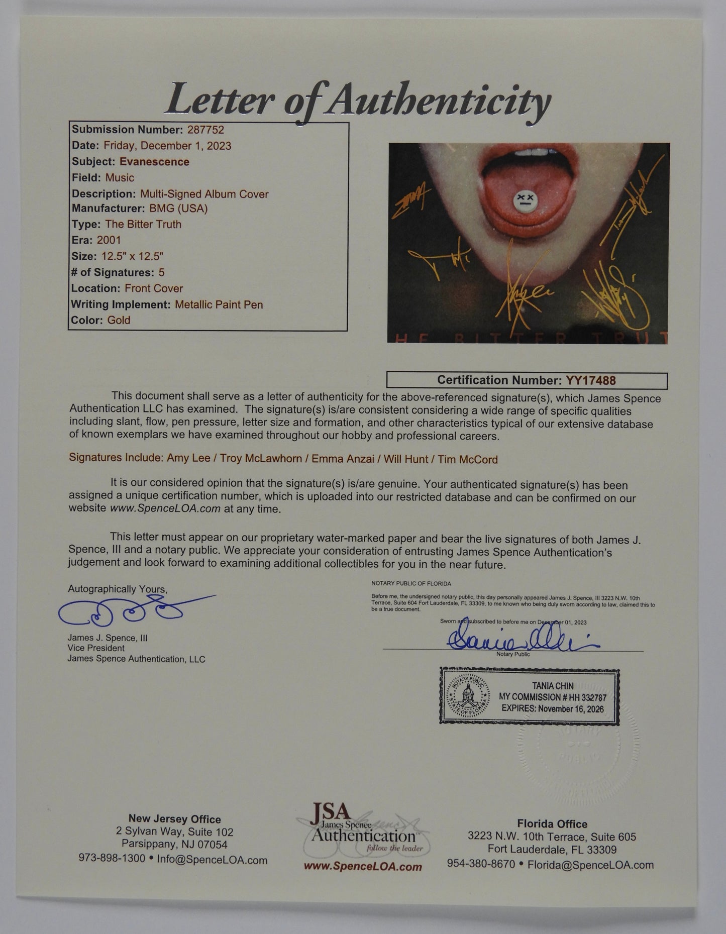 Amy Lee Evanescence JSA Band Signed Autograph Album Vinyl The Bitter Truth