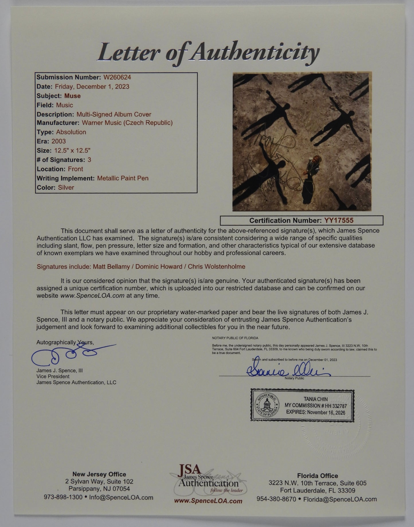 MUSE Absolution JSA Fully Group Signed Autograph Record Vinyl Album