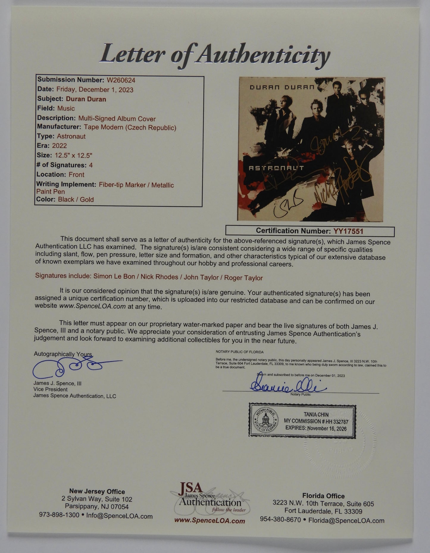 Duran Duran JSA Autograph Signed Album Record Astronut
