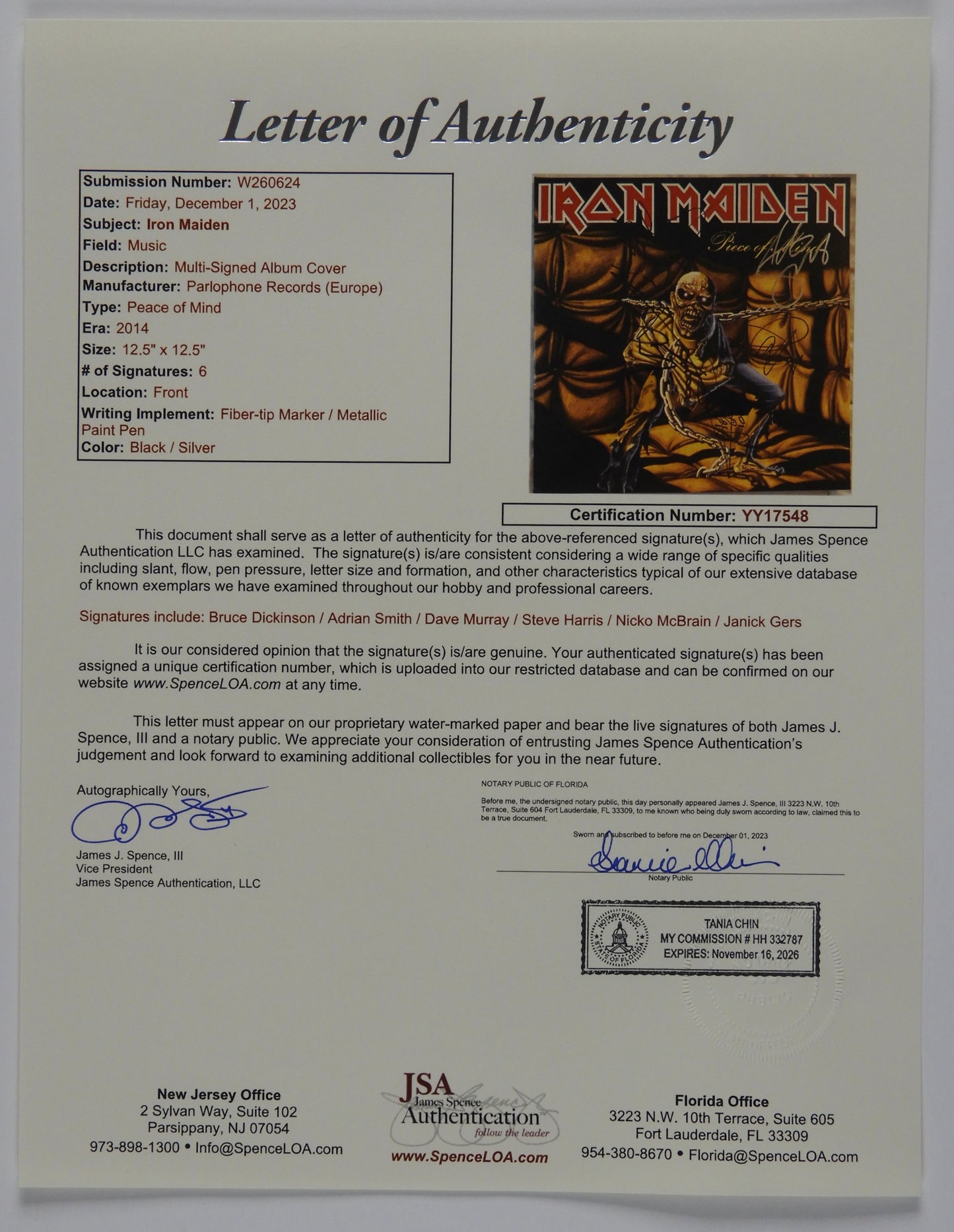 Iron Maiden Autograph Signed Fully Piece Of Mind Epperson REAL JSA 6 sigs
