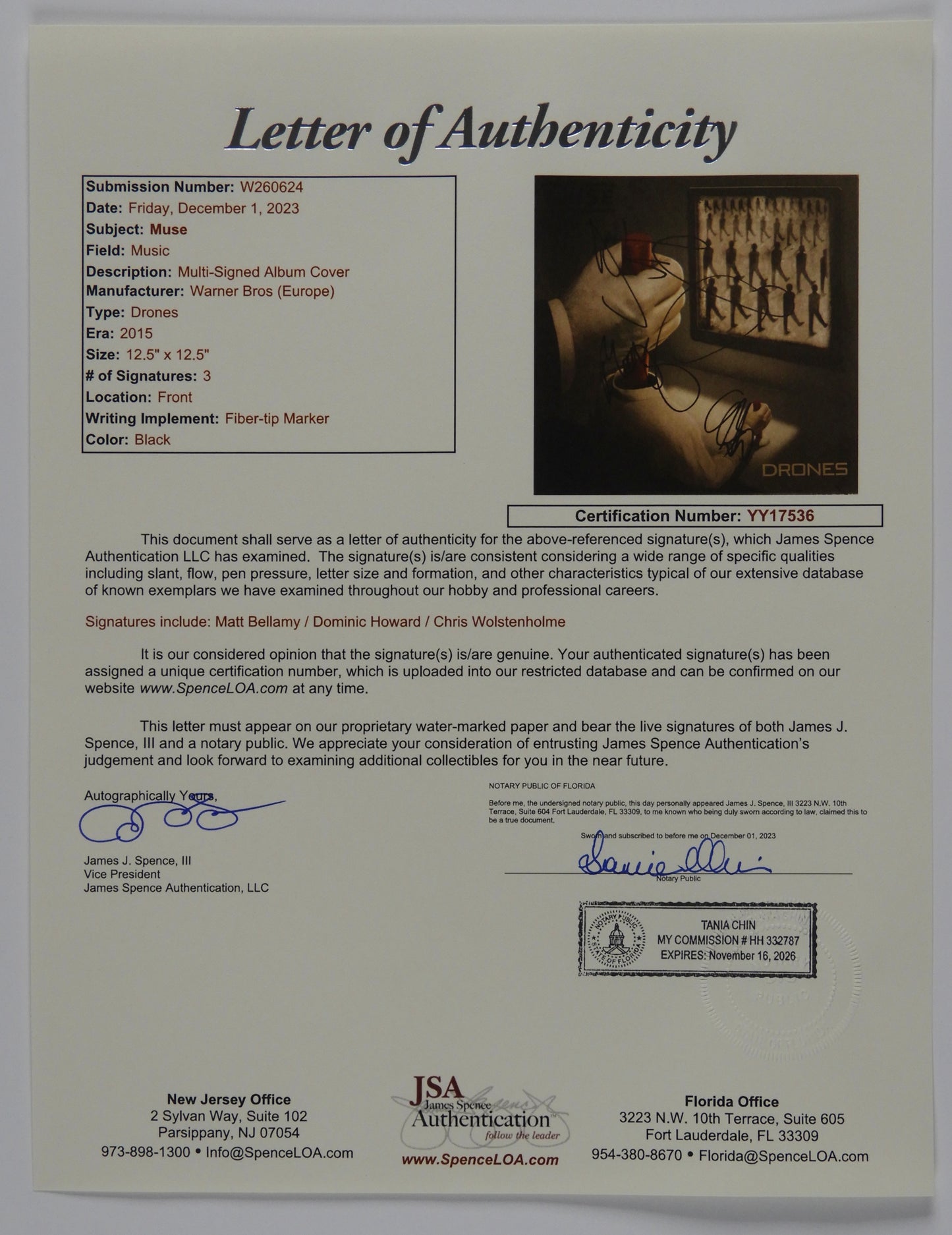 MUSE JSA Fully Group Signed Autograph Record Album Drones