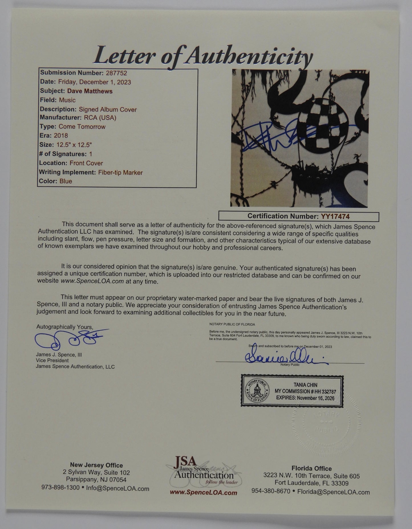 Dave Matthews Band JSA Autograph Signed Record Album Come Tomorrow