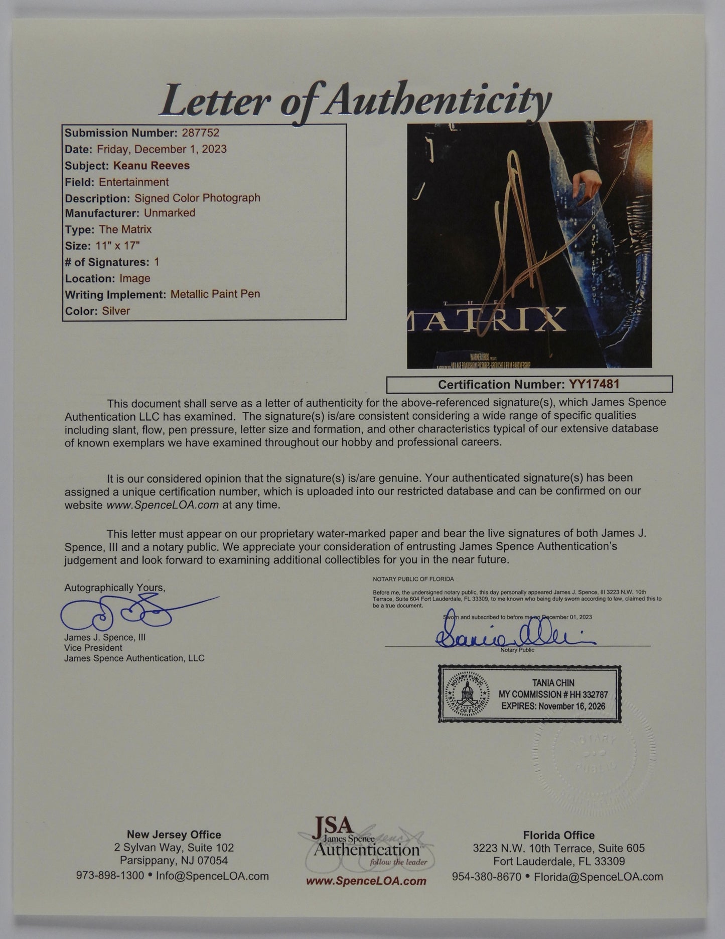 Keanu Reeves JSA Autograph Signed 11 x 17 Photo The Matrix