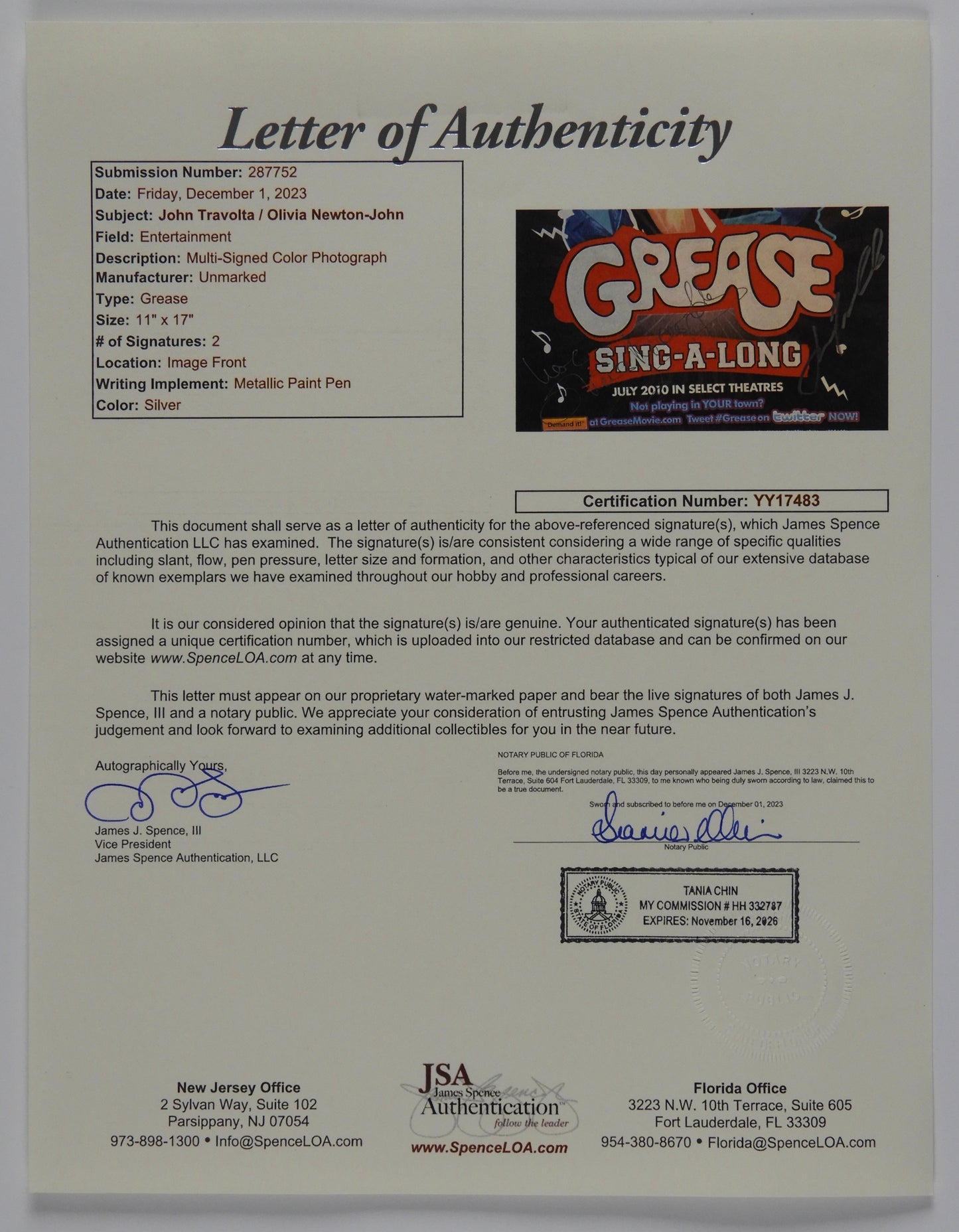 Olivia Newton-John John Travolta Grease JSA Signed Autograph 12 x 18 poster