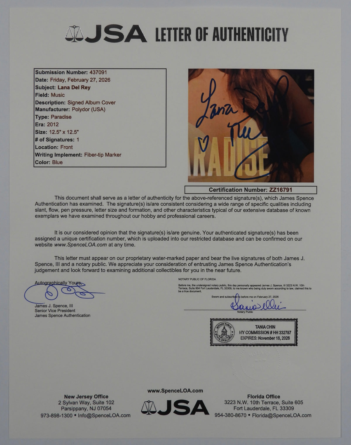 Lana Del Rey JSA Signed Autograph Record Album Vinyl Paradise