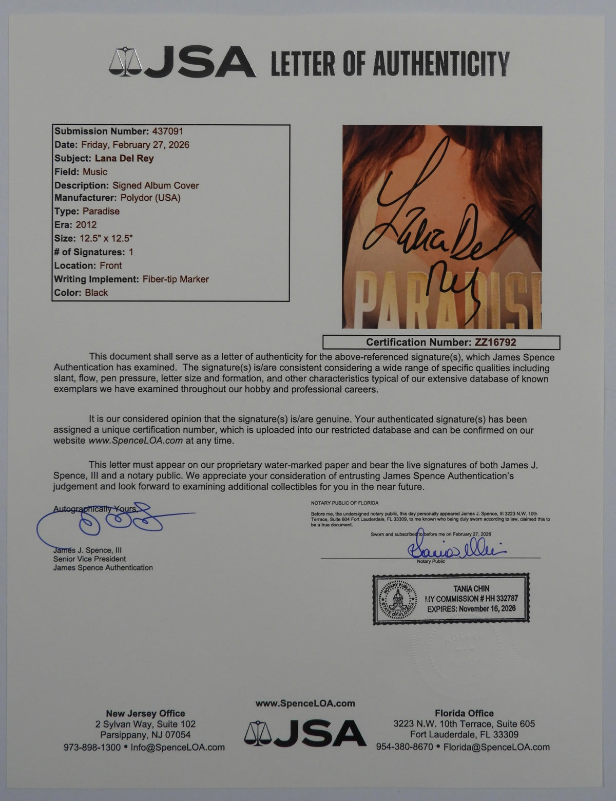 Lana Del Rey JSA Signed Autograph Record Album Vinyl Paradise