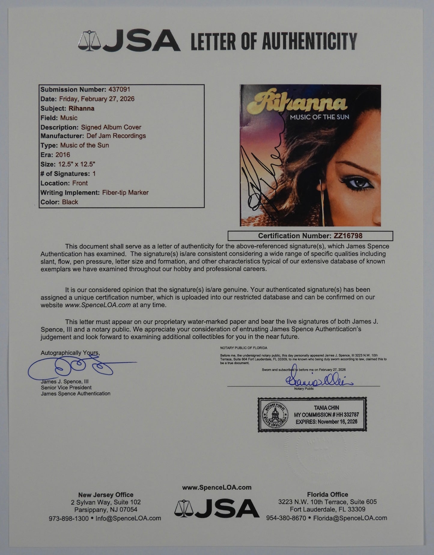Rihanna JSA Signed Autograph Record Album Vinyl Music Of The Sun