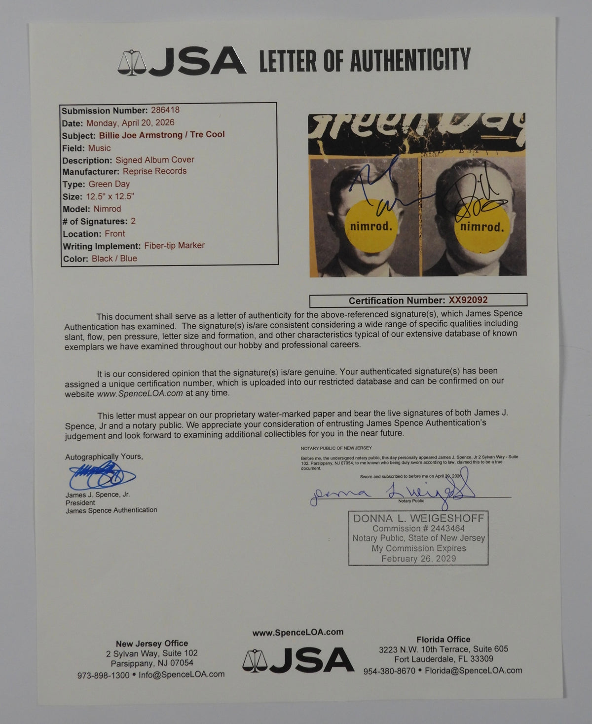 Green Day JSA Signed Autograph Album Record Vinyl Billie Joe Nimrod