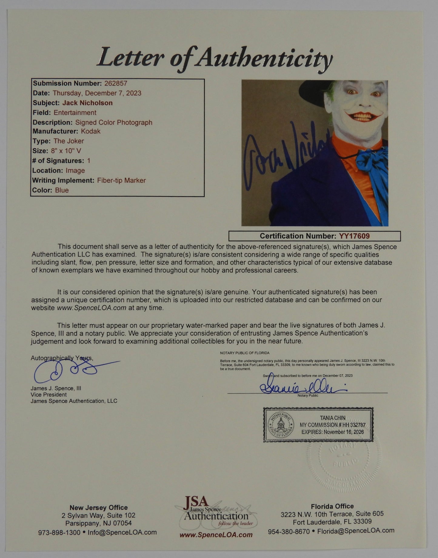 Jack Nicholson Batman The Joker JSA Autograph Signed 8 x 10 Photo