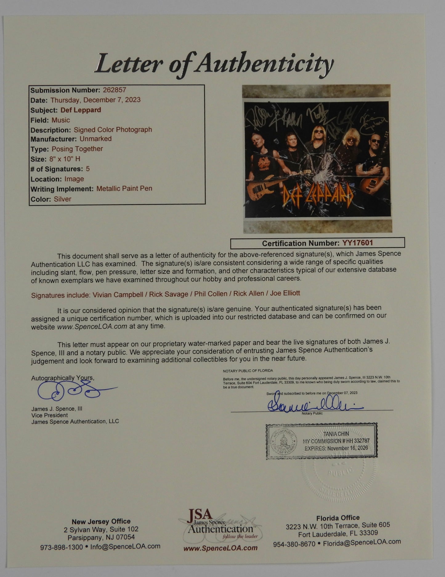 Def Leppard JSA Signed Autograph 8 x 10 Photo Fully Signed