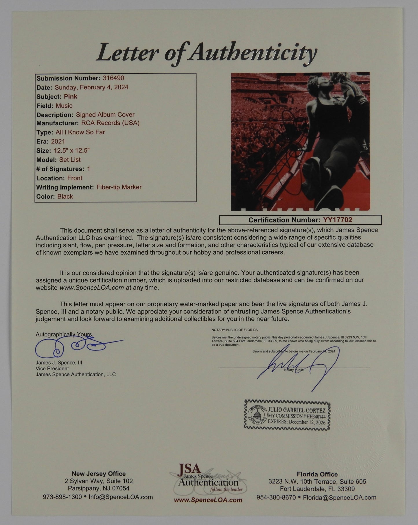 P!NK JSA Signed Autograph Record Album Vinyl All I Know So Far PINK