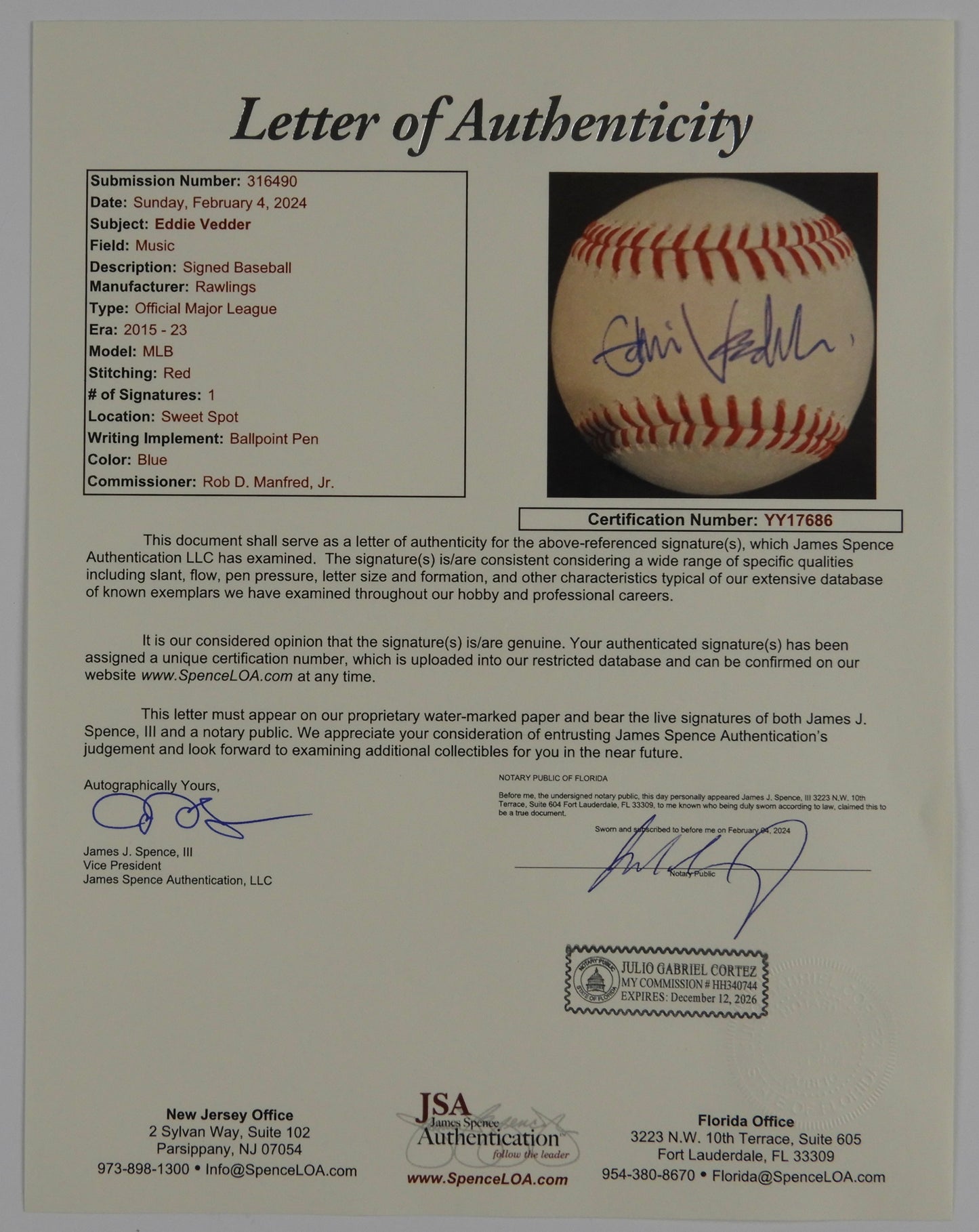 Eddie Vedder JSA Pearl Jam Autograph Signed Baseball COA Official