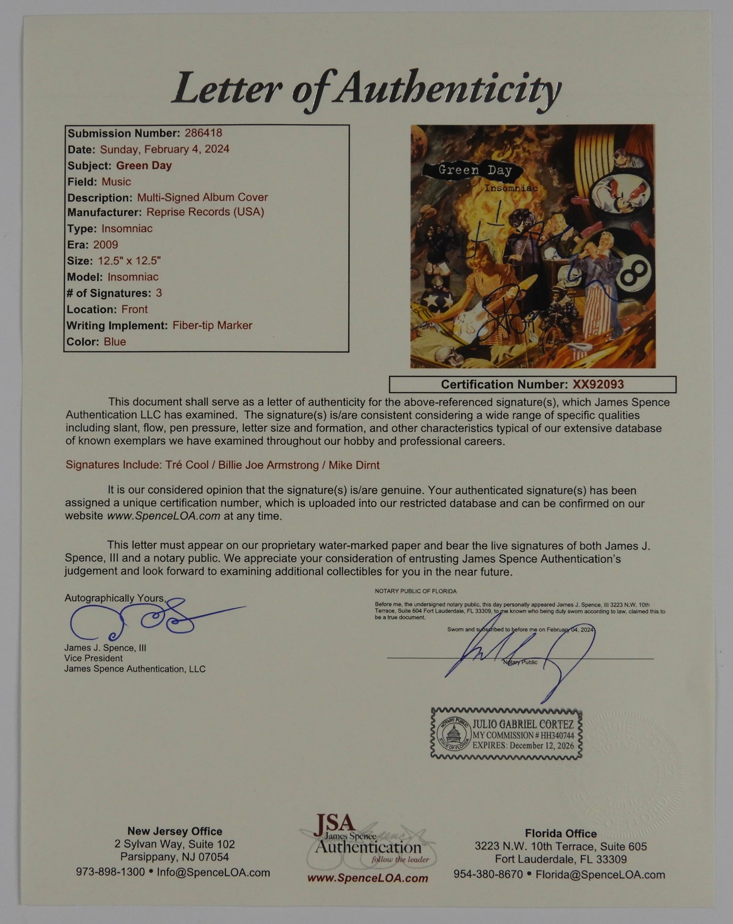 Green Day JSA Fully Signed Autograph Album Record Vinyl Billie Joe