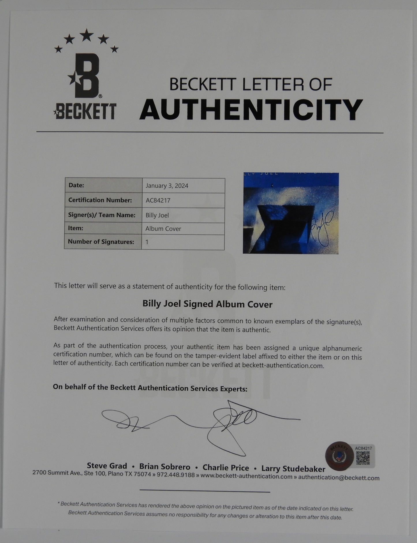 Billy Joel Beckett Signed Autograph The Bridge Album LP