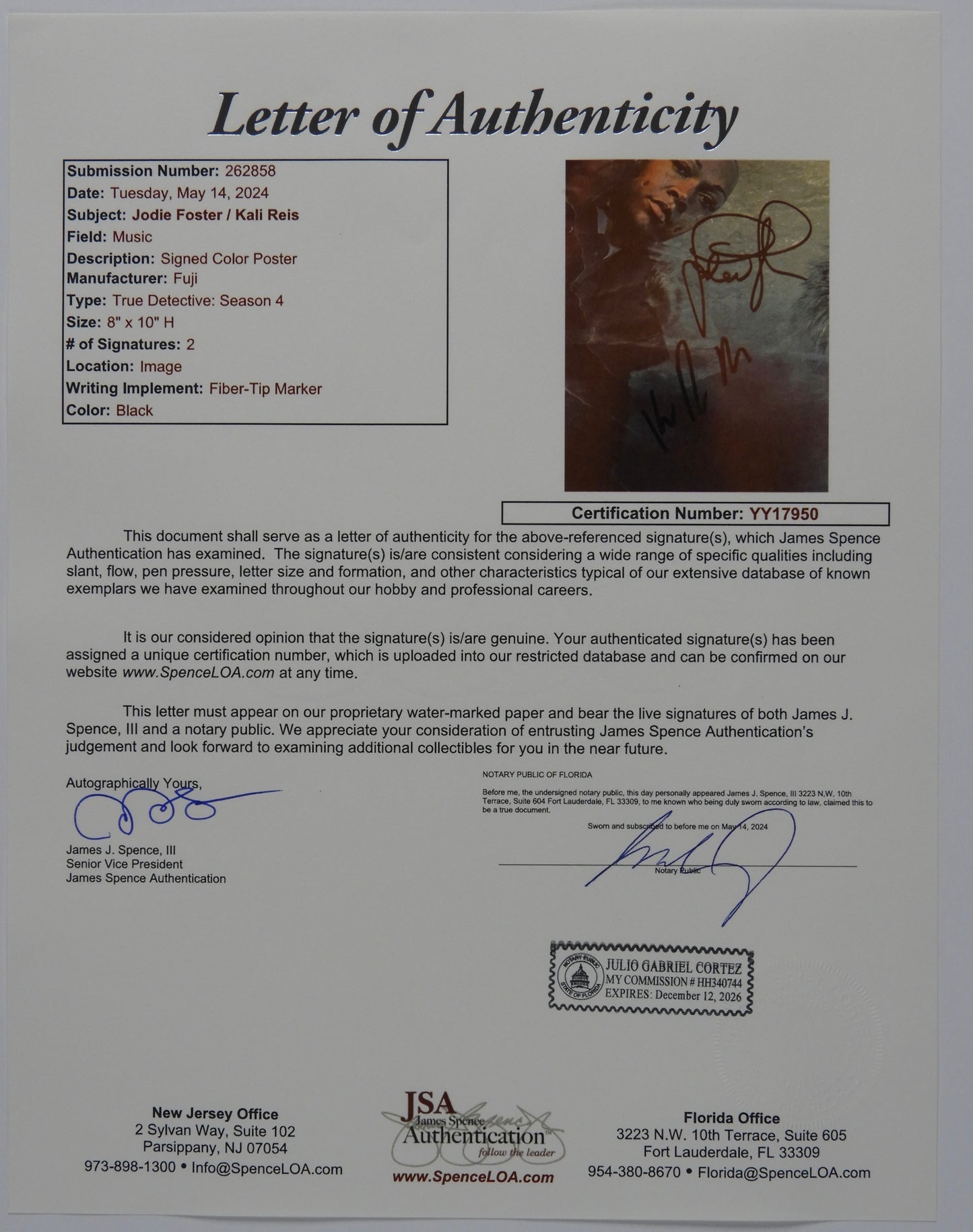 Jodie Foster Kali Reis JSA Autograph Signed 8 x 10 photo True Detective