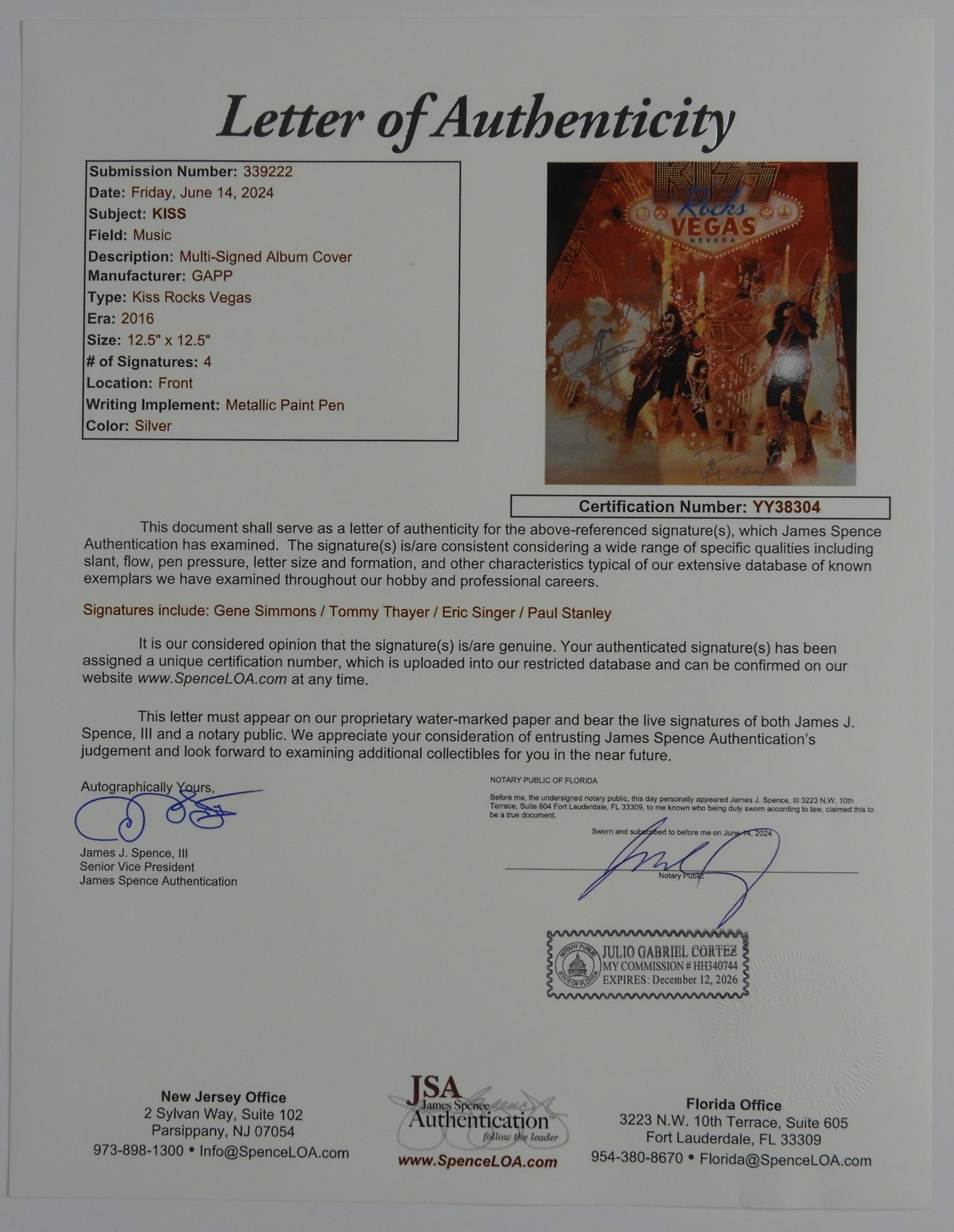 KISS Gene Simmons Paul Stanley JSA Fully Signed Autograph Record Rocks Vegas