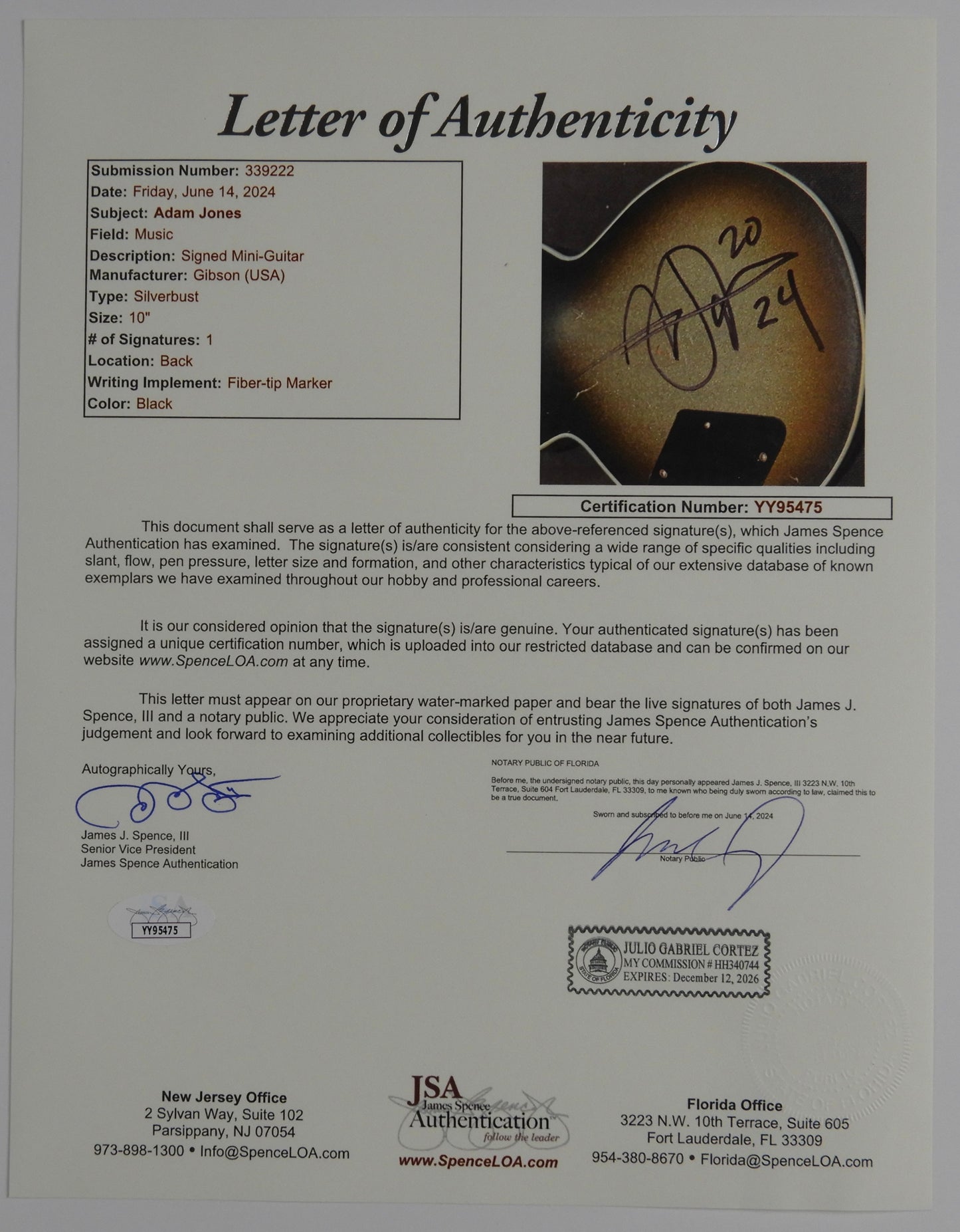 Adam Jones TOOL Autograph Signed Mini Guitar Axe Heaven 1:4 Scale Gibson