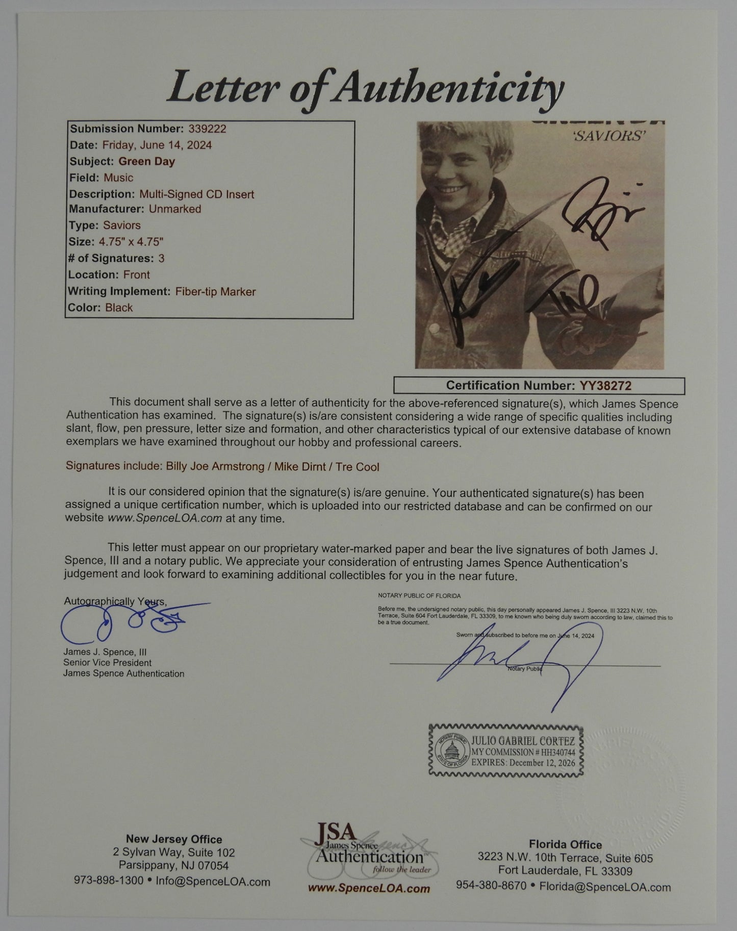 Green Day JSA Fully Signed Autograph CD Insert Saviors Billy Joe Tre Cool Mike