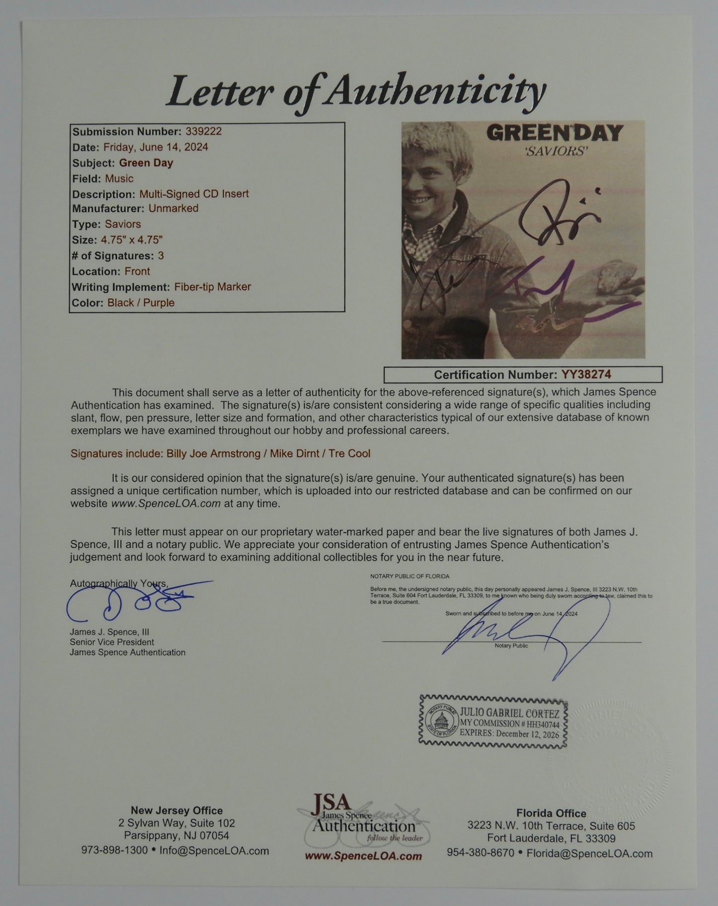 Green Day JSA Fully Signed Autograph CD Insert Saviors Billy Joe Tre Cool Mike