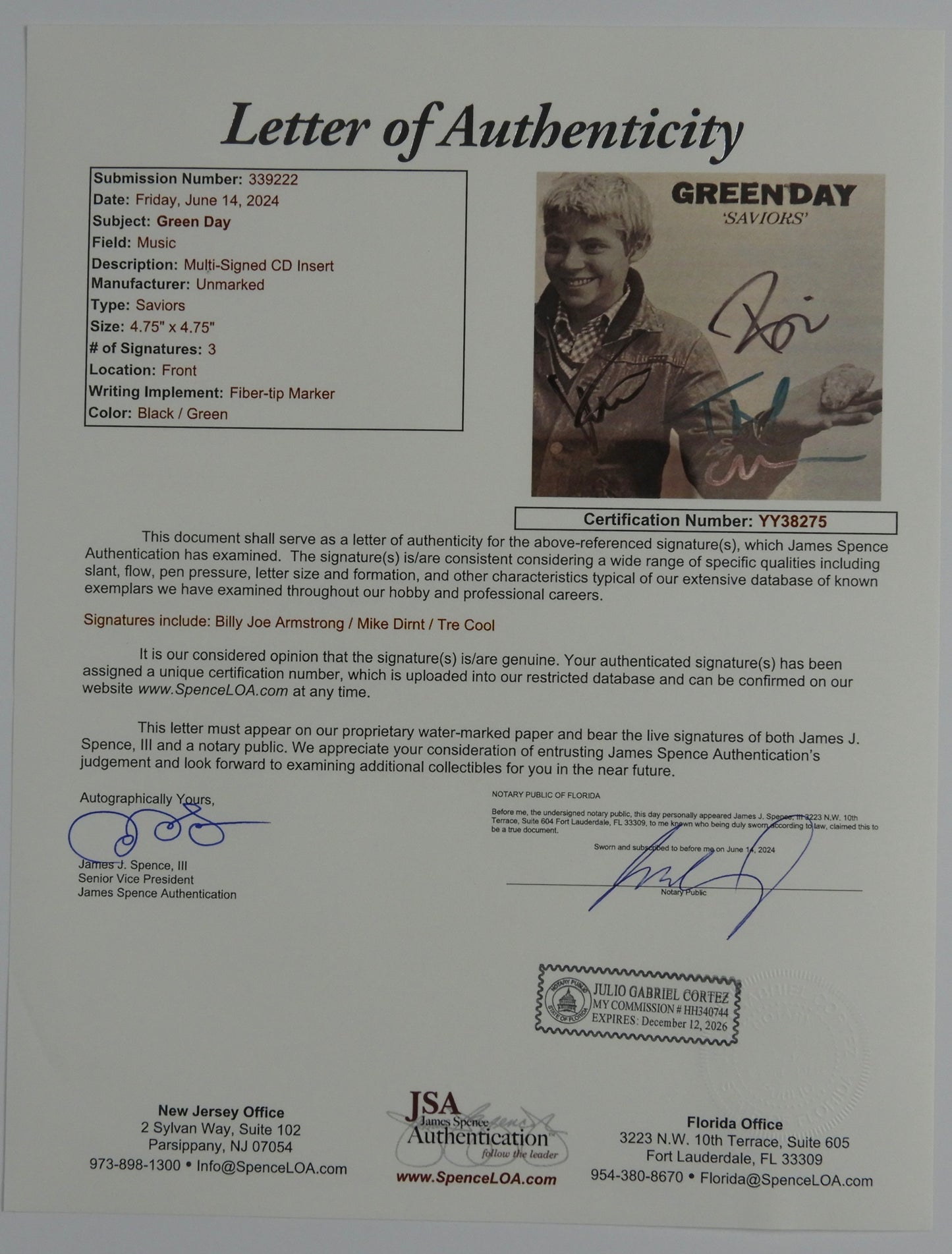 Green Day JSA Fully Signed Autograph CD Insert Saviors Billy Joe Tre Cool Mike