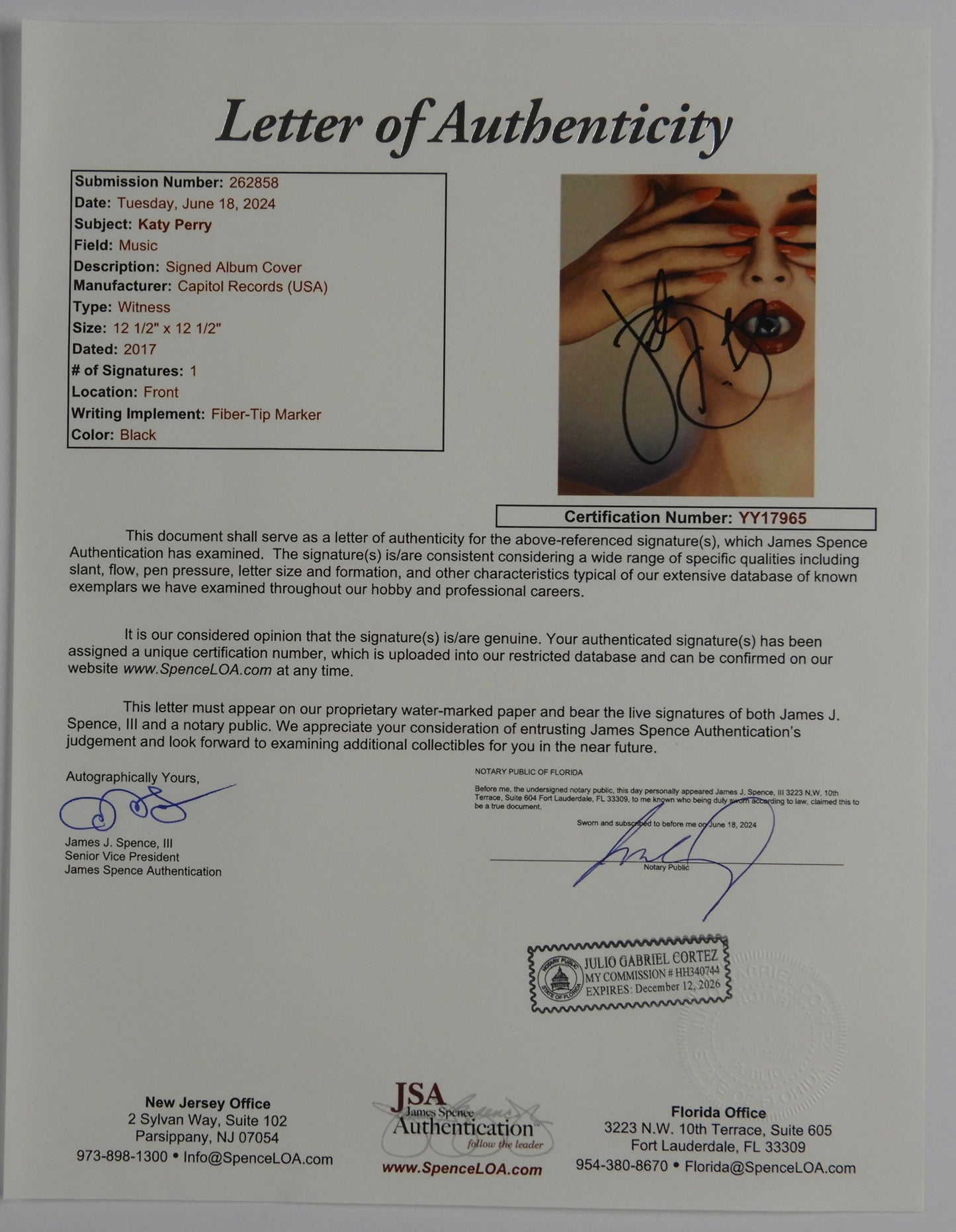 Katy Perry JSA Signed Autograph Record Album Witness Vinyl