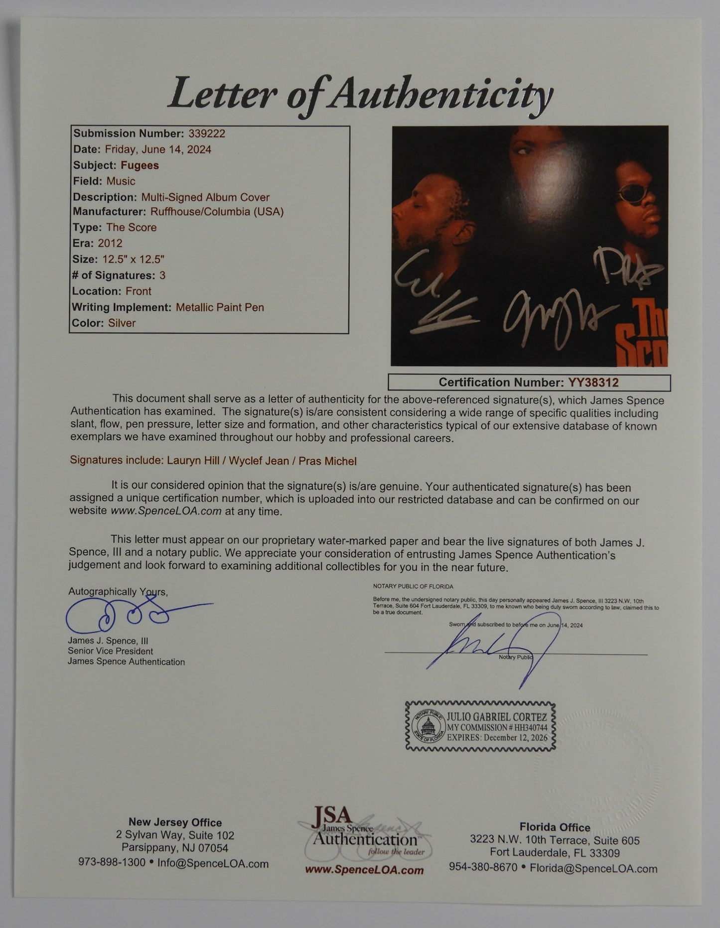 Fugees Fully Signed JSA Autograph Record Album Vinyl Lauryn Hill Wycleff Pras