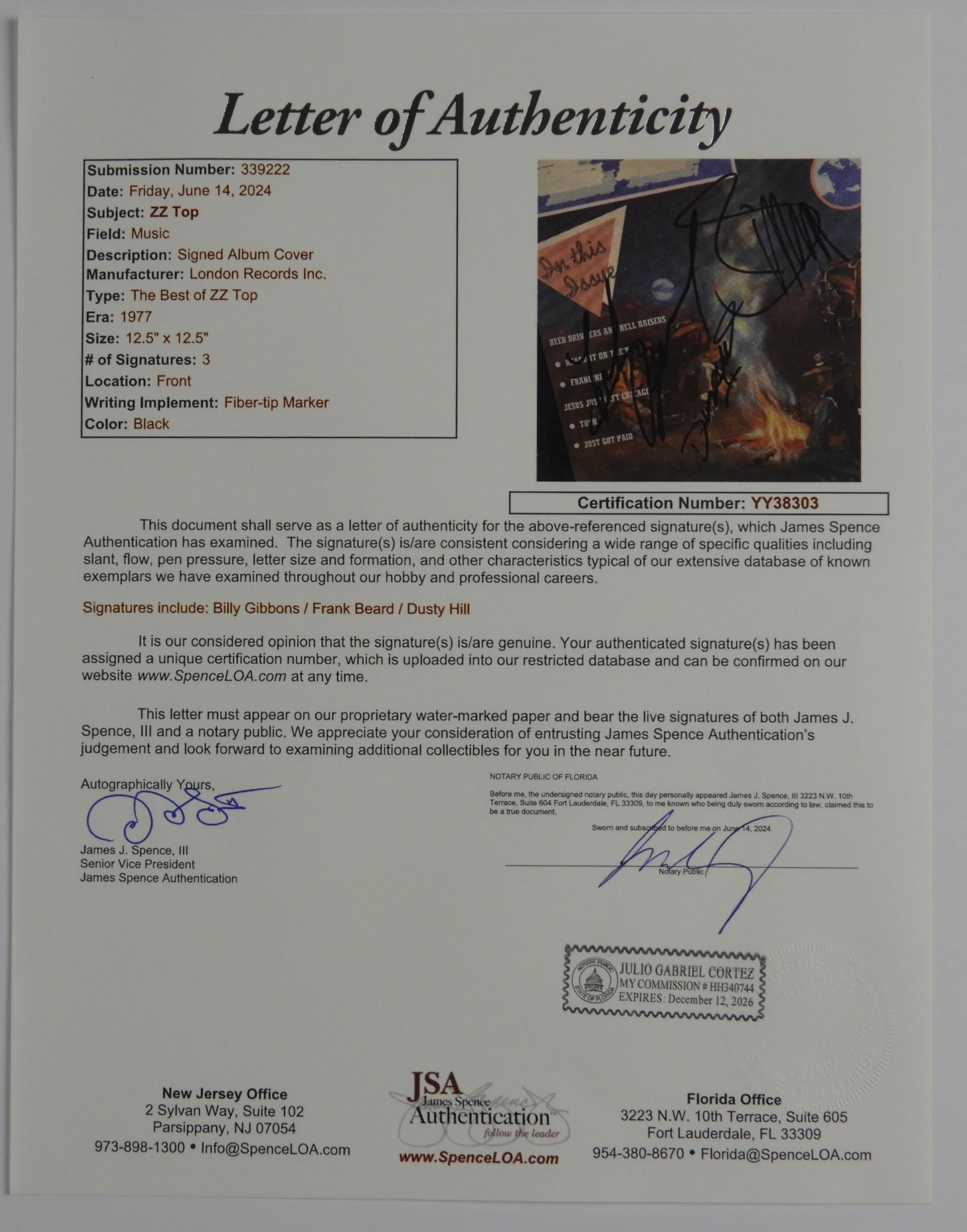 ZZ Top Fully Signed JSA Autograph Album Record Vinyl The Best Of