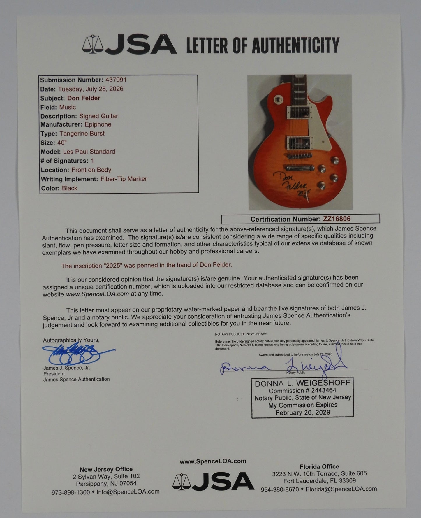 Don Felder The Eagles JSA Signed Autograph Epiphone Guitar Les Paul Standard 60s