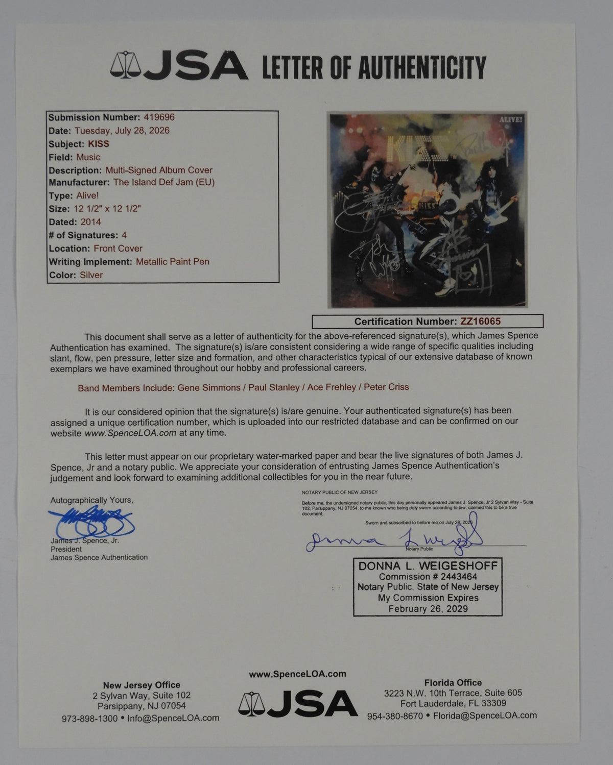 KISS JSA Fully Signed Autograph Album Vinyl Record German Alive