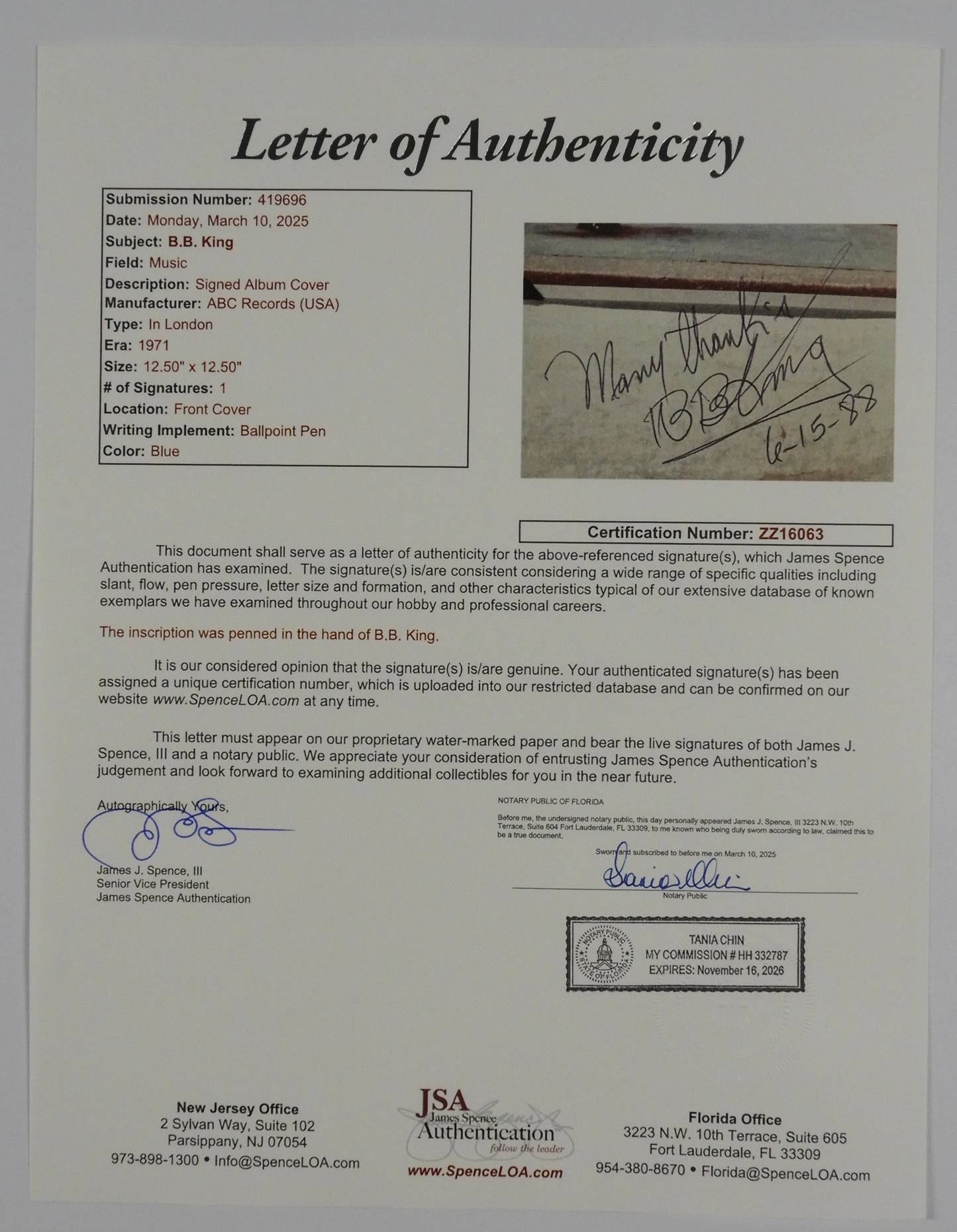 BB King JSA Autograph Signed Album Vinyl Record In London