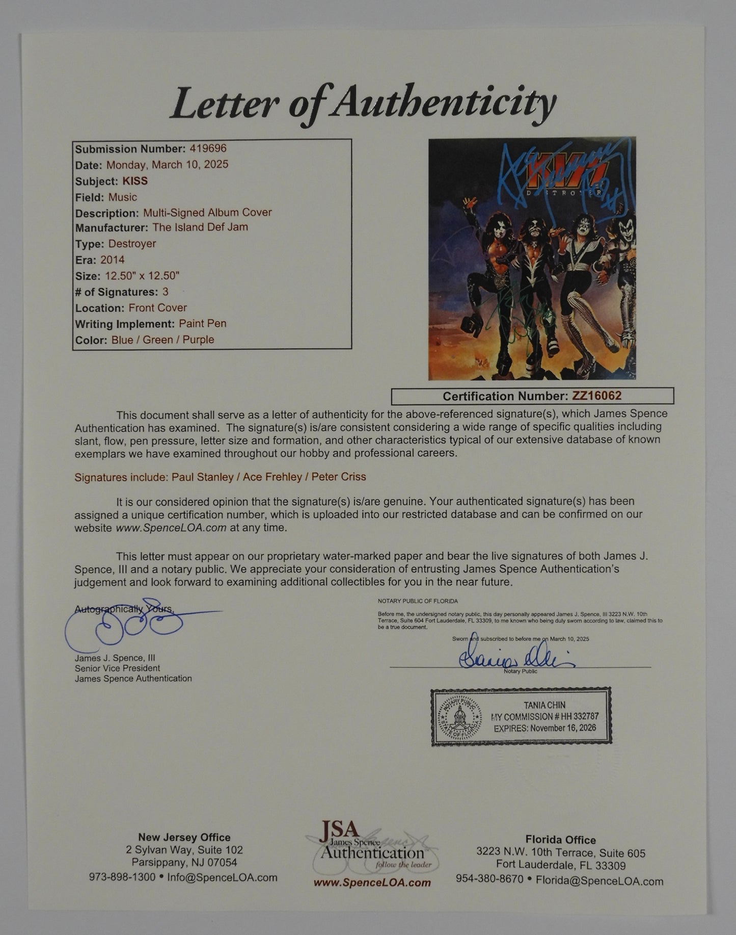 KISS JSA Autograph Signed Album Vinyl Record Destroyer Red Marble Vinyl 2018