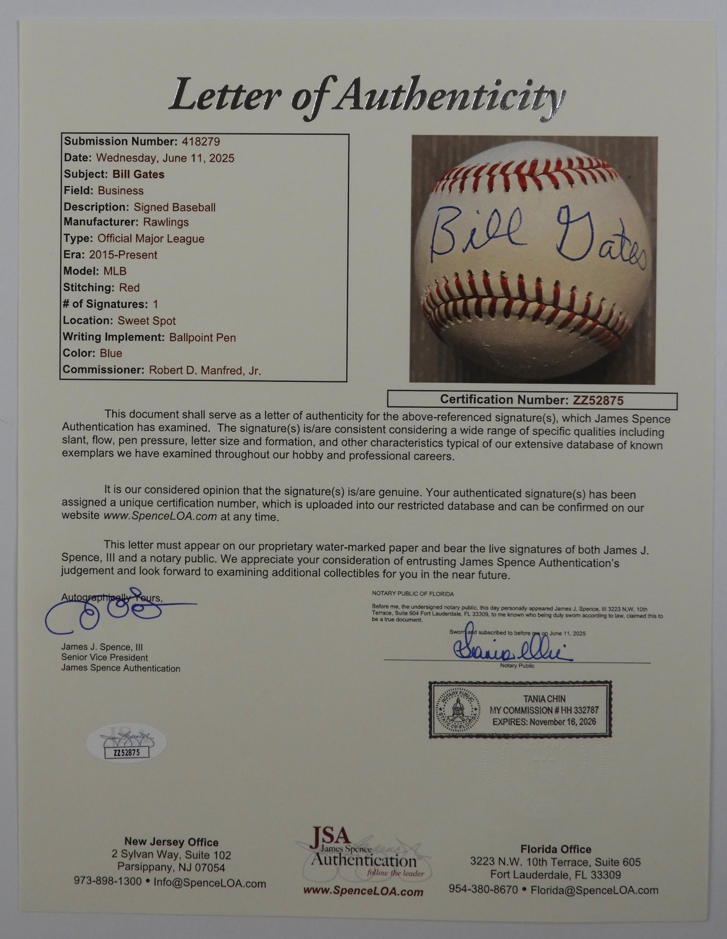 Bill Gates Autographed Signed Baseball ACOA & JSA