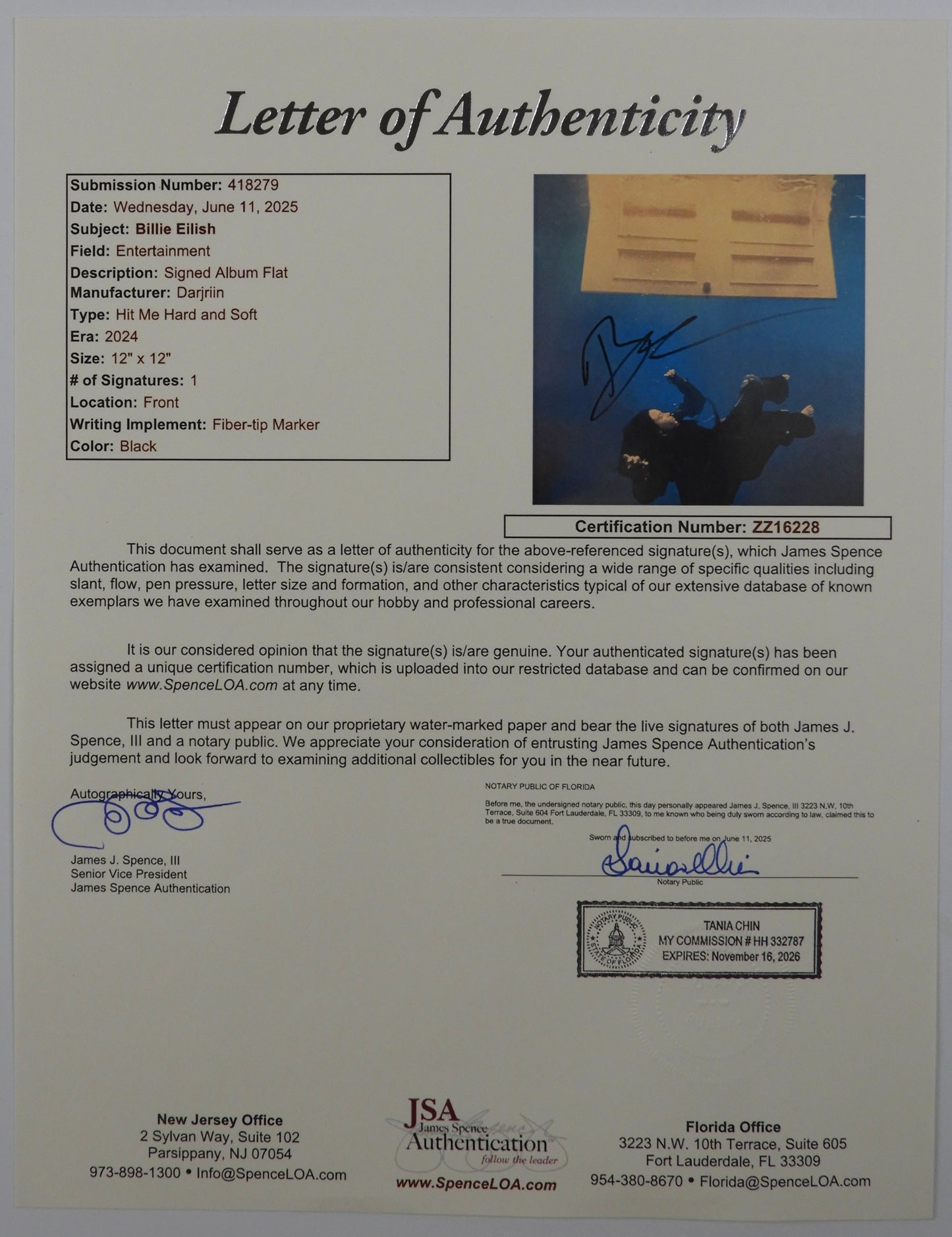 Billie Eilish JSA Fully Autograph Signed Album Insert Vinyl Hit Me Hard and Soft