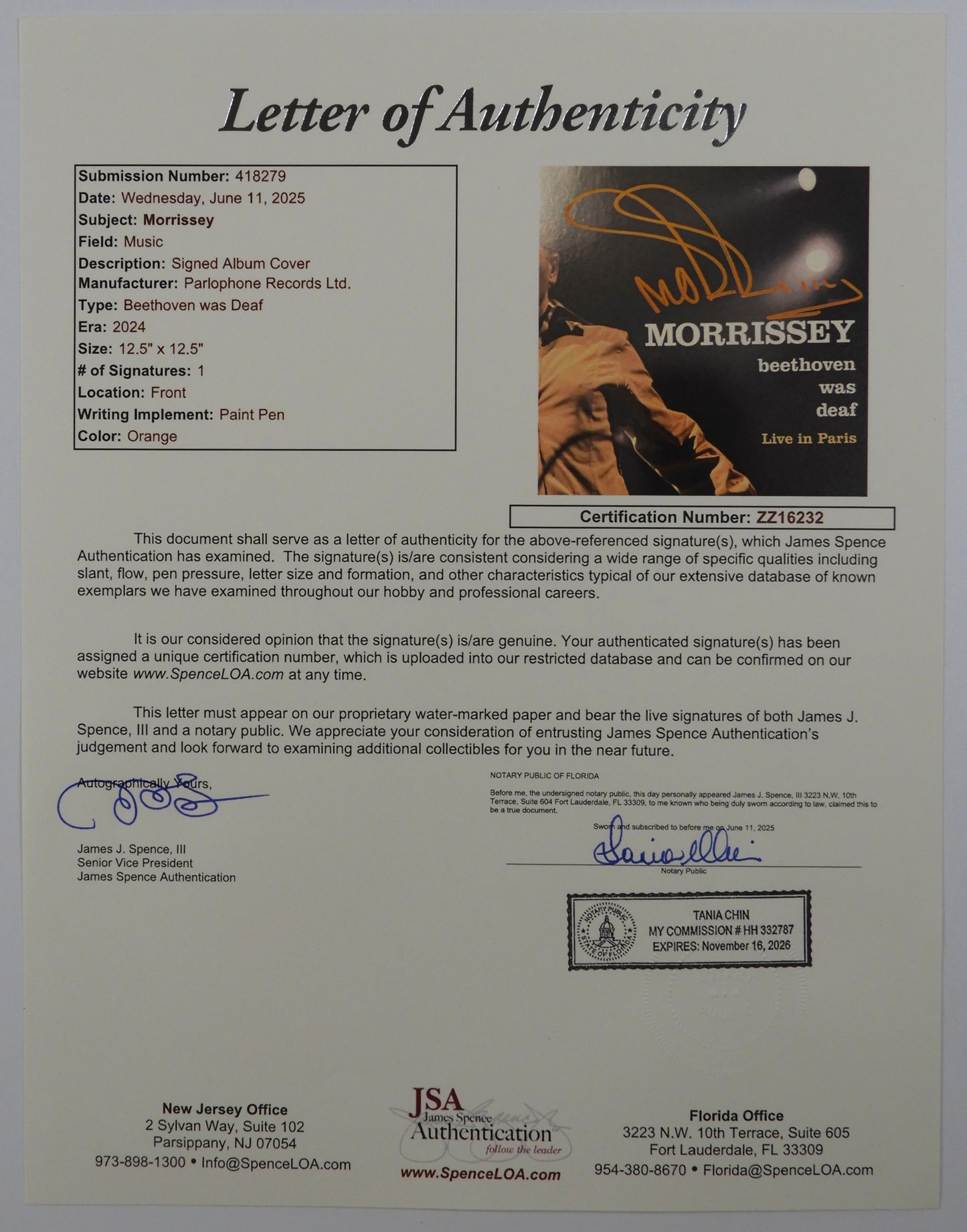 Morrissey JSA Signed Autograph Record Album Vinyl Beethoven Was Deaf