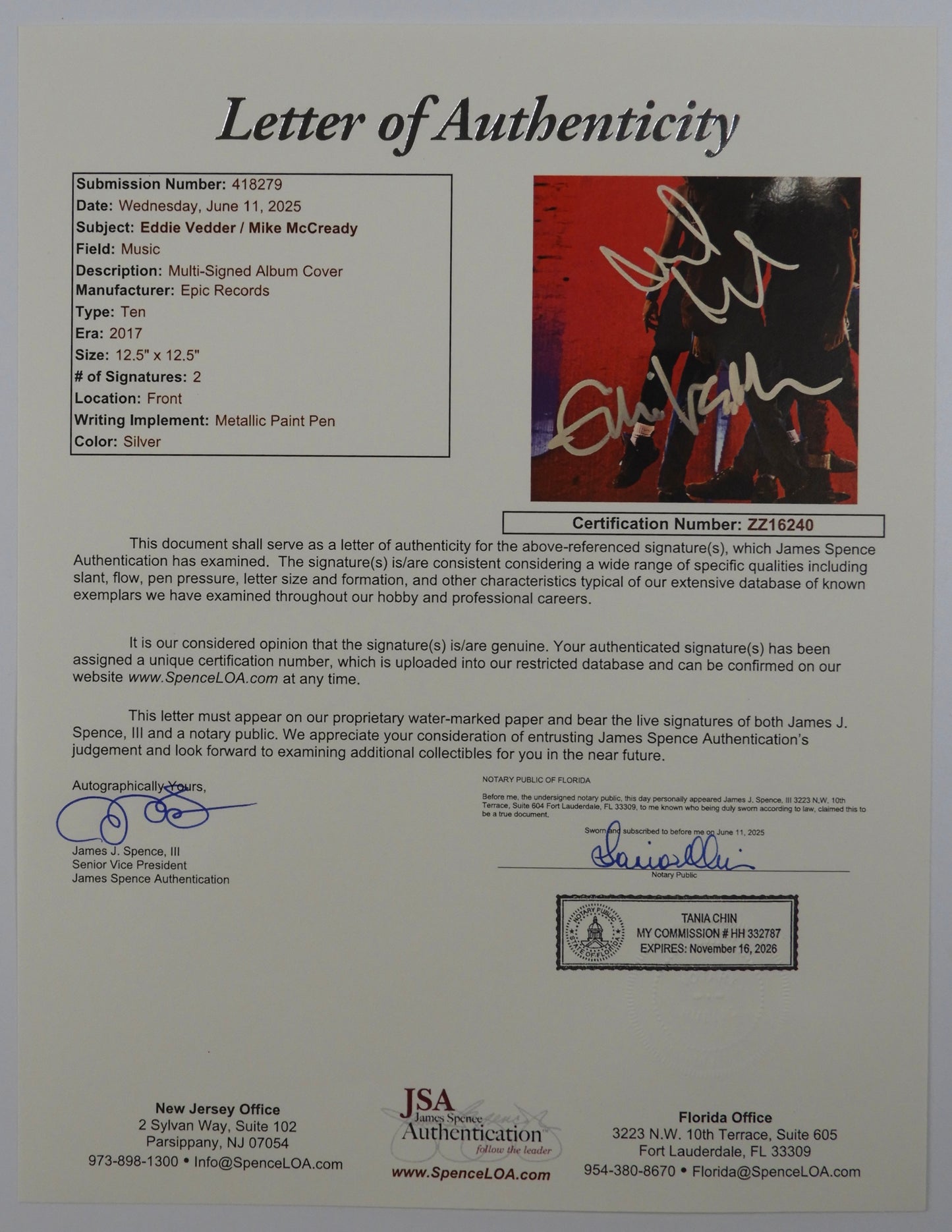 Pearl Jam Eddie Vedder + Autograph JSA Signed Record Vinyl Album 10