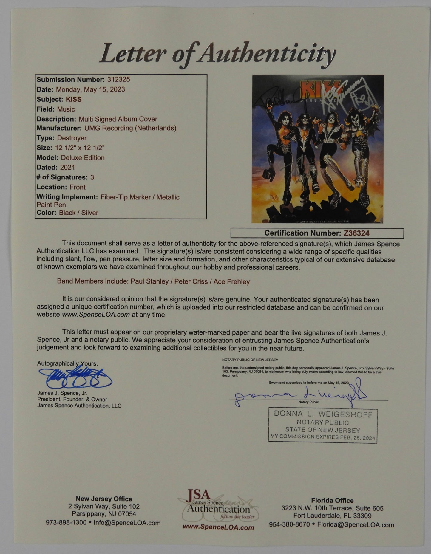 KISS JSA Paul Stanley Peter Criss Ace Autograph Signed Record Album Destroyer