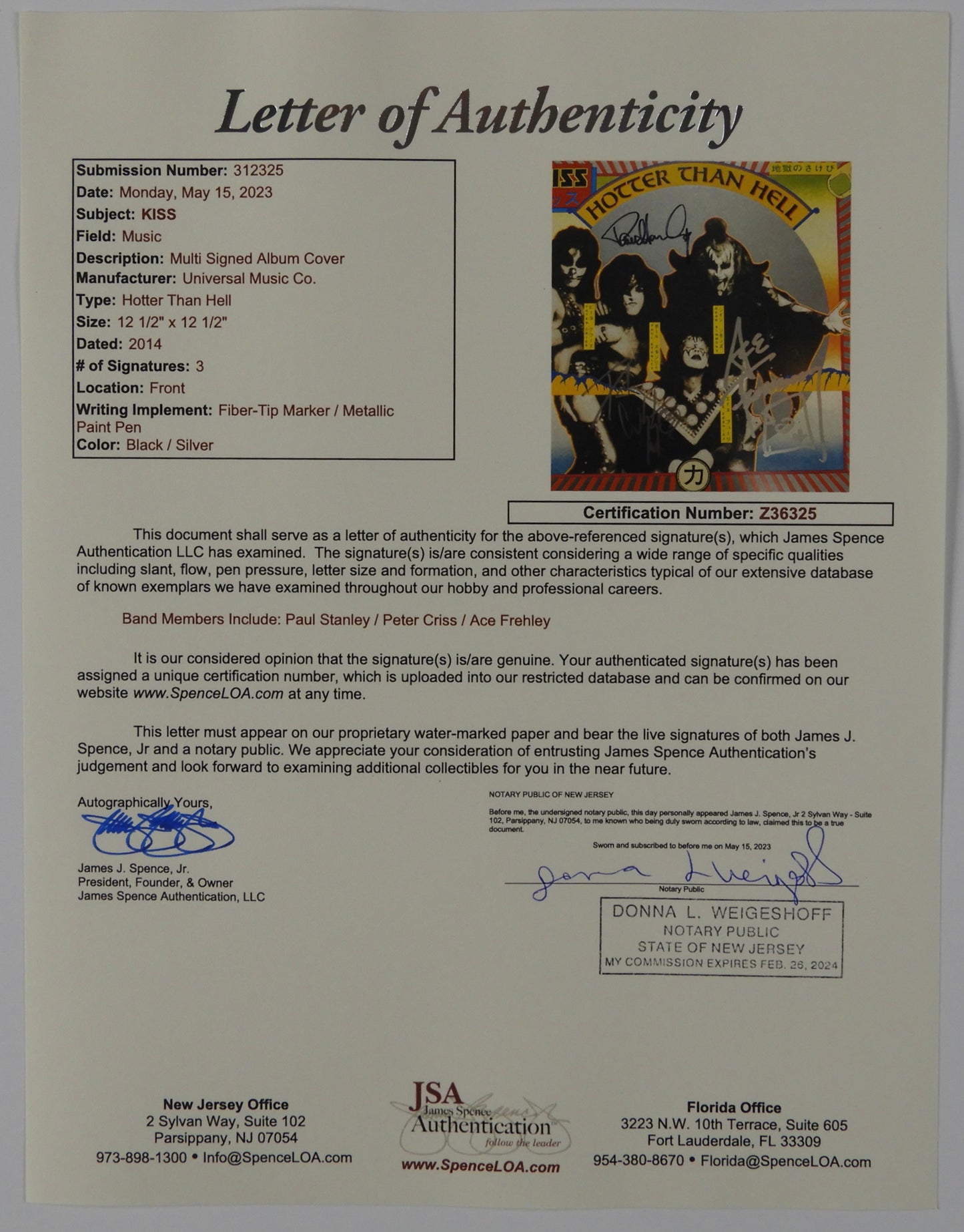KISS JSA Paul Stanley Peter Criss Ace Autograph Signed Record Album