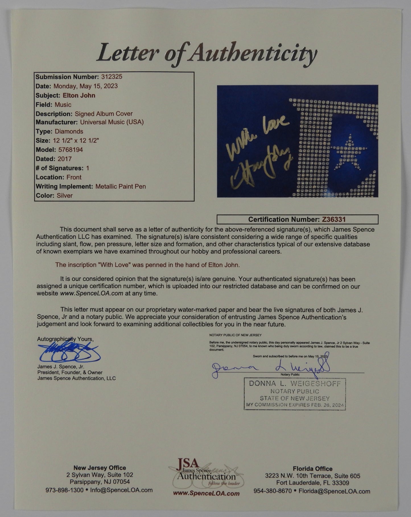 Elton John JSA Signed Diamonds Autograph Album Record Vinyl