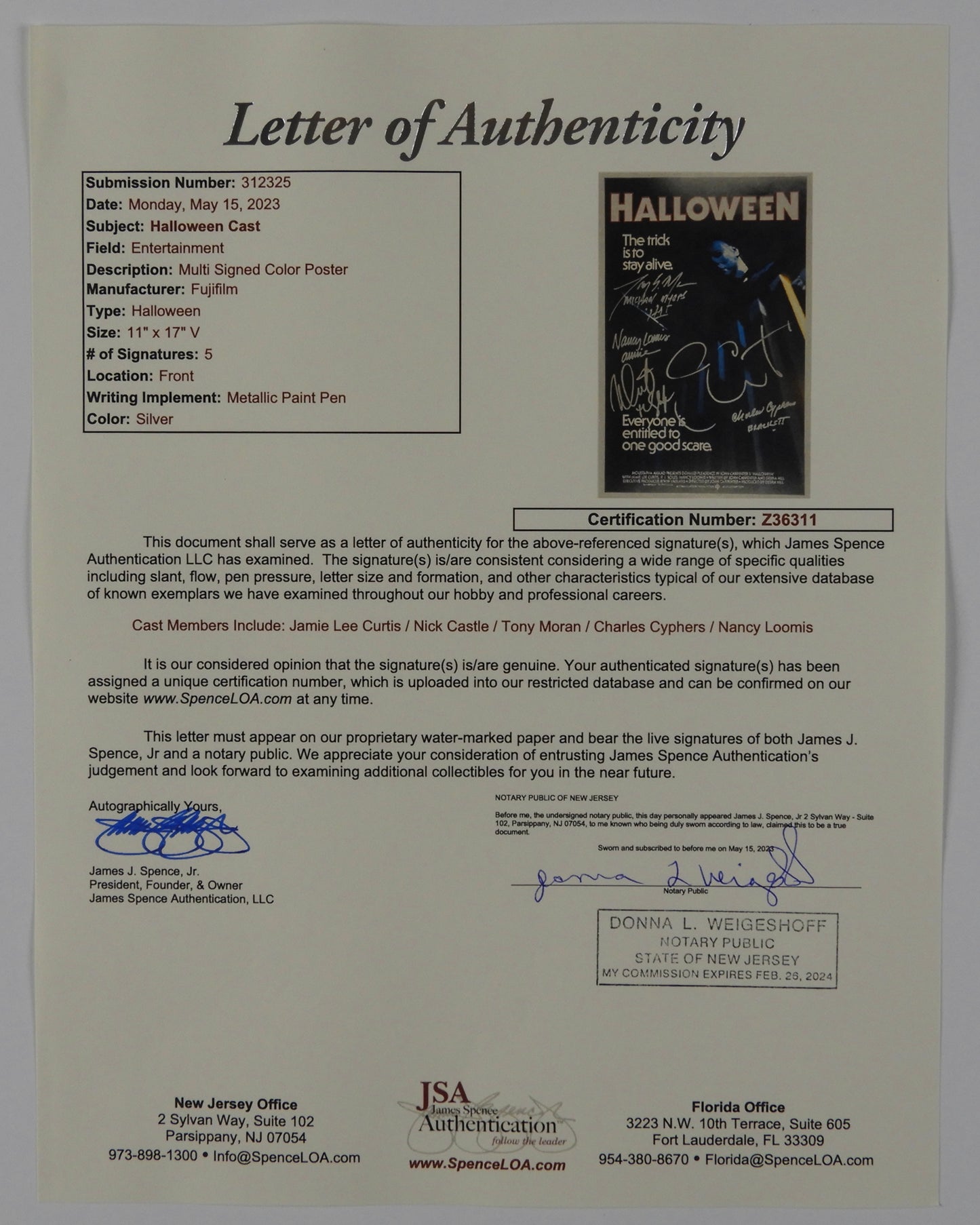 Halloween JSA Signed Autograph 11 x 17 Photo Jamie Lee Curtis