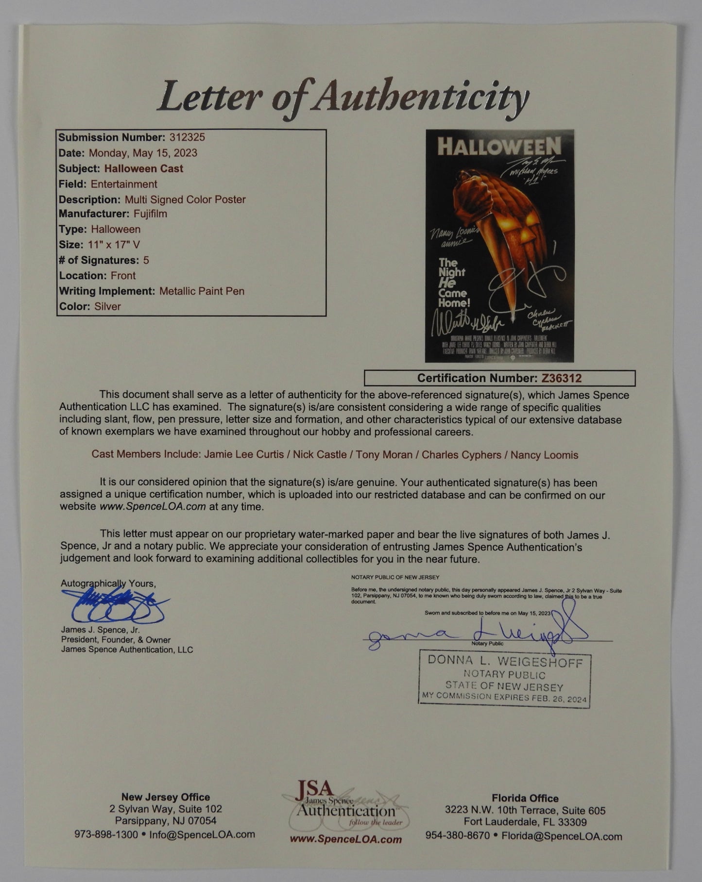 Halloween JSA Signed Autograph 11 x 17 Photo Jamie Lee Curtis